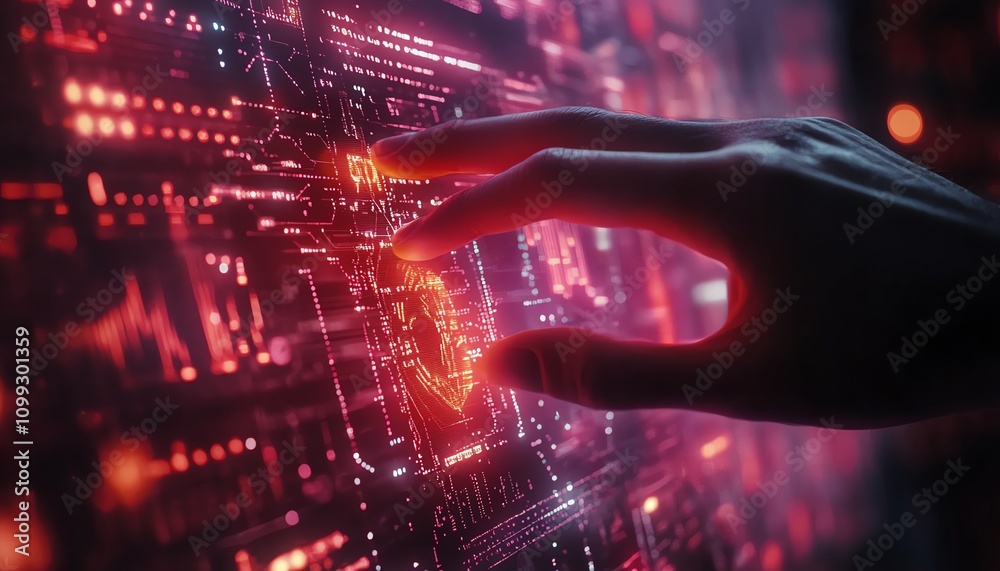 Poster Techsavvy hand interacting with glowing digital financial data and algorithmic lines, futuristic interface with a modern feel