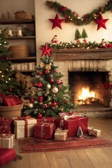 A majestic giraffe-themed Christmas tree adorned with colorful ornaments, surrounded by beautifully wrapped presents and a cozy fireplace glowing warmly.