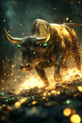 Digital Bull Run: A Powerful Cybernetic Bull Forged from Circuit Boards and Golden Light Charges Forward Against the Backdrop of Rising Market Charts, Symbolizing the Unstoppable Force of Bullish.