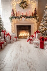 A cozy fireplace adorned with colorful stockings, surrounded by sparkling Christmas trees and beautifully wrapped presents, radiating warmth and holiday spirit.