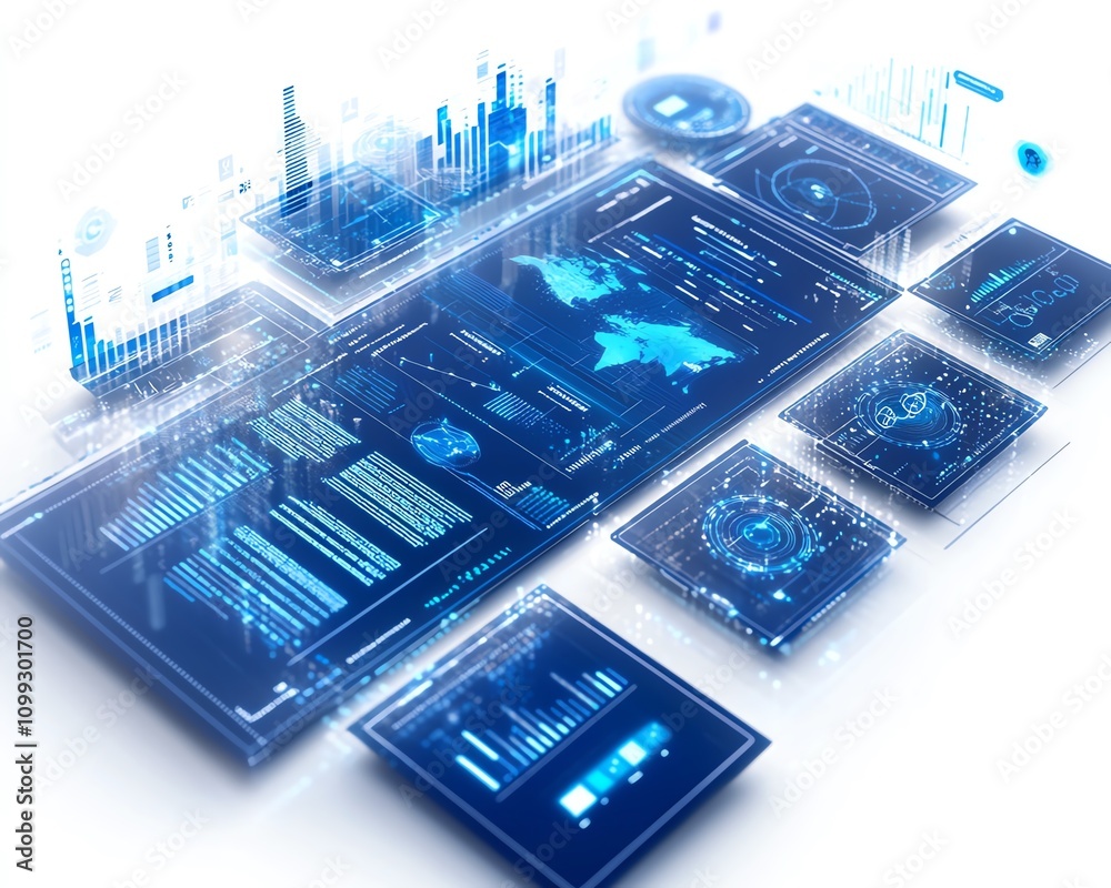 Poster 3Drendered digital interface with interactive charts, graphs, and codes on a white background, modern tech design