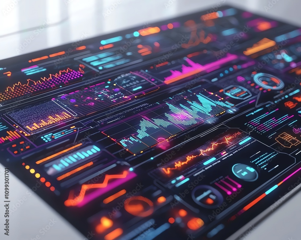 Poster 3Drendered digital interface with interactive charts, graphs, and codes on a white background, modern tech design