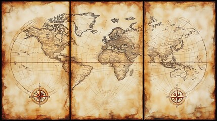 Fototapeta premium A triptych showcasing a vintage world map, antique sepia tones, weathered paper texture, detailed illustrations of continents, old navigation tools and wind roses, classic cartography style,