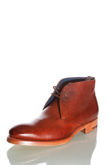 Footwear Ideas. Premium Tanned Brogue Derby Boots Made of Calf Leather with Rubber Sole Placed...