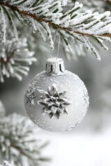 A shimmering Christmas ornament dangles gracefully from a verdant tree branch, reflecting twinkling lights and the spirit of joy in the festive season.