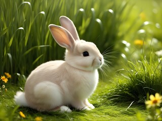 Obraz premium white rabbit on green grass