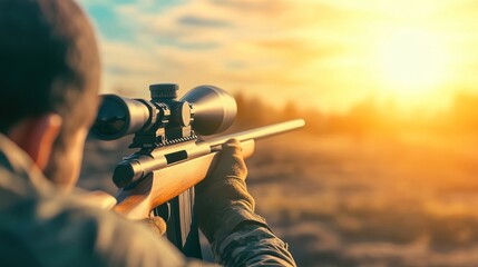 A hunter with a rifle aims at a target in the distance, as the sun sets behind him, casting a warm glow over the landscape.