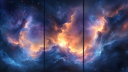 Fototapeta premium Galaxy triptych art, abstract representation with swirling nebulas and star clusters, vivid blues and purples, ethereal cosmic light effects, deep space tones, seamless transitions between panels,