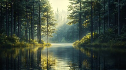 Obraz premium Nature's tranquility triptych, a peaceful forest with tall pine trees, dappled sunlight streaming through the canopy, a calm river reflecting the light, photorealistic detail, intricate textures,