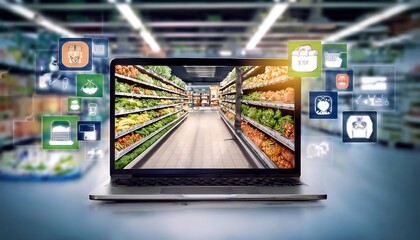 Laptop with colorful social media and marketing icons in a supermarket, highlighting digital commerce and connectivity.