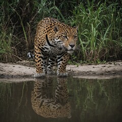 Obraz premium A jaguar and an ocelot meeting near a white sandy river.