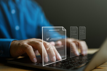 Businessman showing online document validation icon, Concepts of practices and policies, company...