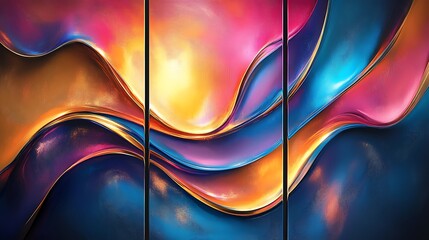 Three-panel abstract flow artwork, vibrant swirling shapes and lines, bold color contrasts of blue, gold, and magenta, fluid movement creating a dynamic effect, high-definition textures,
