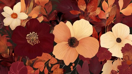 Red, Orange, and White Flowers with Foliage - Botanical Art Print