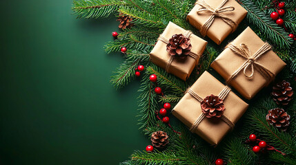 Christmas present, ornament, fir branches decoration with green color background