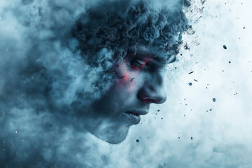 Fototapeta premium A man's face is shown in a blurry, distorted way with red eyes and a black nose