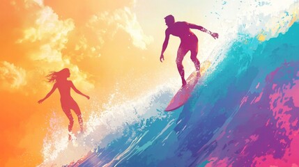 Fototapeta premium Couple Surfing Sunset Wave - Ocean Water Sports Adventure
