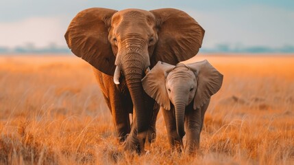 Fototapeta premium A heartwarming scene of a mother elephant and her calf walking together in the golden African savanna, capturing their close bond and the beauty of the wild landscape.