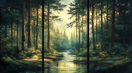 Three-panel artwork of a peaceful forest scene, tall pine trees stretching skyward, a gentle river flowing through, dappled sunlight filtering through green leaves, soft shadows on the forest floor,