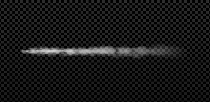 Rocket or jet aircraft vector smoke horizontal trail, realistic white fume airplane launch trace, fog flow, gas steam