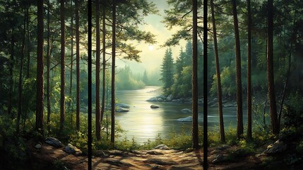 Obraz premium Three-panel artwork of a peaceful forest scene, tall pine trees stretching skyward, a gentle river flowing through, dappled sunlight filtering through green leaves, soft shadows on the forest floor,