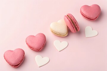 Obraz premium Heart-shaped pink and white macarons arranged on a pastel pink background with scattered paper hearts. A sweet treat for Valentine's Day, weddings, or Mother's Day. Copy space included.