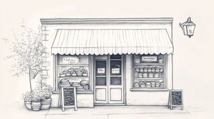 Charming French Bakery Sketch: A Pencil Drawing of a Vintage Storefront