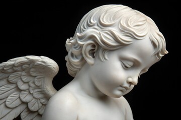 Obraz premium A close-up profile of a marble angel sculpture with finely detailed wings against a dark background. A serene and timeless piece for spiritual, artistic, or romantic themes.