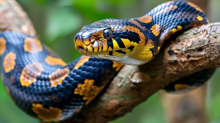 Fototapeta premium Close-up of a coiled snake with a vibrant pattern, flicking its tongue in a misty jungle environment, emphasizing its stealth and the beauty of reptiles in the wild.