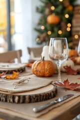 Fototapeta premium A Thanksgiving table set for a large meal with plates, cutlery, and glasses arranged neatly
