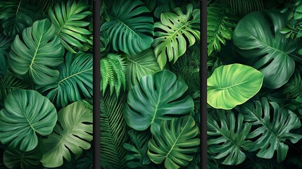Fototapeta premium Three-panel canvas art featuring lush tropical leaves, vibrant green monstera, banana leaves, and ferns, detailed textures, realistic lighting, seamless blend across panels, high-definition quality,