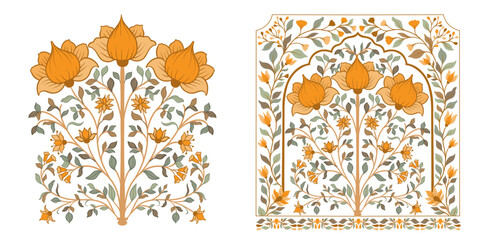 Mughal decorative ornamental floral. Vintage intricate traditional mughal style with flowers and foliage.