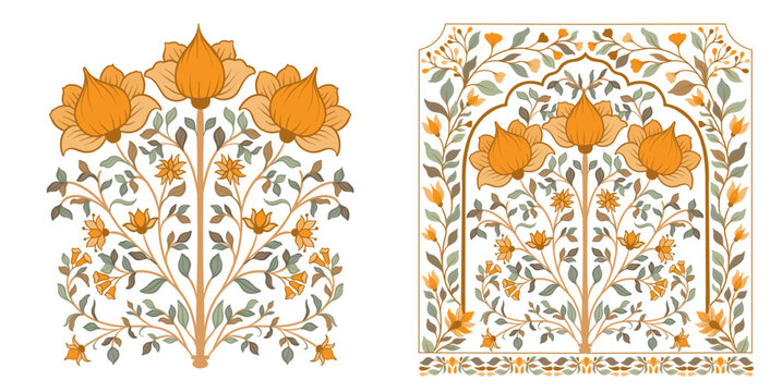 Mughal decorative ornamental floral. Vintage intricate traditional mughal style with flowers and foliage.