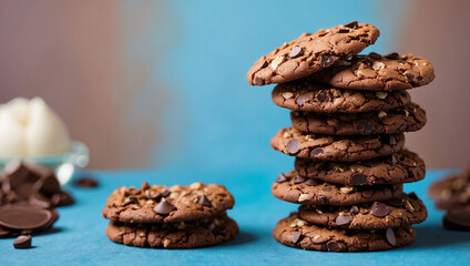 Obraz premium stack of delicious fresh chocolate cookies on a blue background