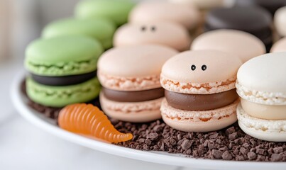 Fototapeta premium A festive assortment of macarons in fall-inspired flavors, displayed with a Halloween touch on a bed of crushed chocolate crumbs with a gummy worm accent.