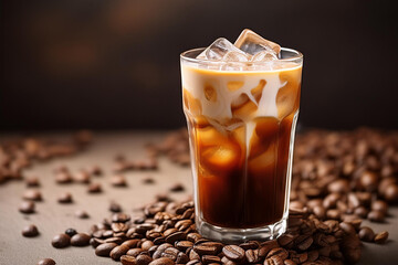 Iced Americano coffee with milk in crystal glass on roasted coffee beans background. An iced Americano with milk is made by adding espresso, hot water, and milk and topping with ice.