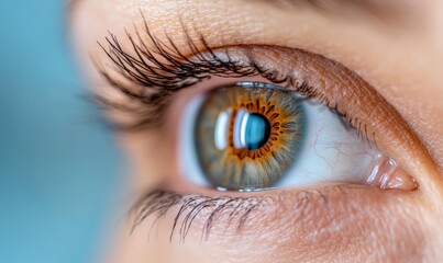 Fototapeta premium A close-up of a human eye, highlighting the intricate details of the iris and lashes, representing beauty, vision, and the complexity of human sight.