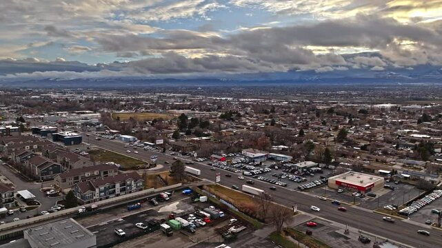 Flying parallel to State Street in Midvale Utah revealing stunning views