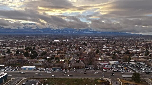 Flying over State Street in Midvale Utah with West side view