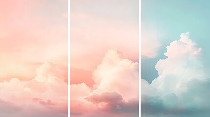 Three-panel canvas of a pastel sunrise, soft morning sky with shades of pink, peach, and light blue blending gently, delicate cloud formations drifting, tranquil and calming ambiance, high-definition,