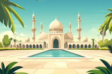 Naklejka premium A serene architectural scene featuring a grand mosque with minarets and a reflecting pool.