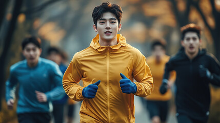 cinematic shot of young man in yellow windbreaker and blue gloves running with group