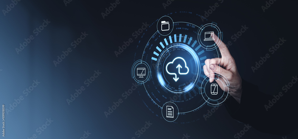 Poster hand interacting with futuristic digital cloud storage interface with icons of different devices on 