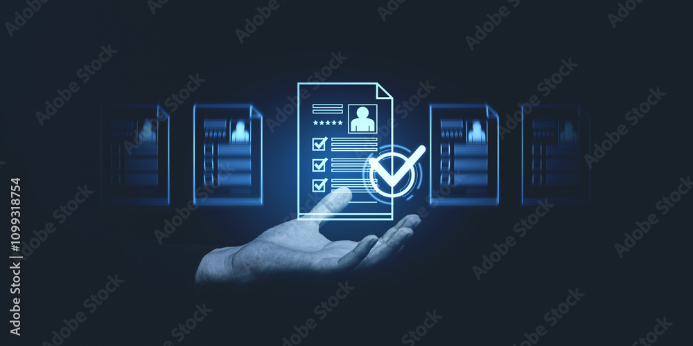 Poster digital hand holding a glowing document with checkmarks in a futuristic interface on a dark backgrou
