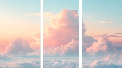 Three-panel pastel sunrise painting, soft pink and blue hues fading into each other, gentle wisps of clouds stretching across the canvas, warm and peaceful morning light, high-definition,