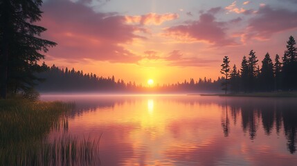 Obraz premium Three-panel sunset horizon art, showing a serene lake scene with golden sun rays touching water reflections, silhouettes of distant trees, soft orange and pink hues in the sky, tranquil ambiance,