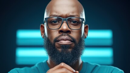 Fototapeta premium Confident African American Man With Glasses and Beard Posing Against a Dark Background With Glowing Blue Stripes in a Modern Studio Setting