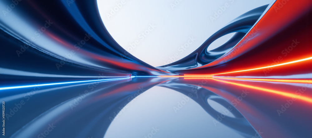 Poster an abstract design showcasing smooth curves in blue and red, illuminated by vibrant lights, creating