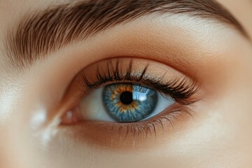 Obraz premium Close up studio shot of beautiful female eye with eyeliner and makeup, beauty photography on neutral background.