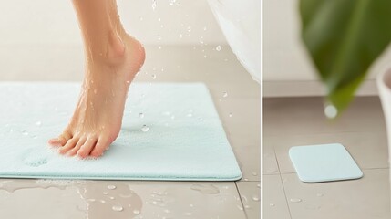 A wet foot steps onto a pale blue bath mat in a bathroom